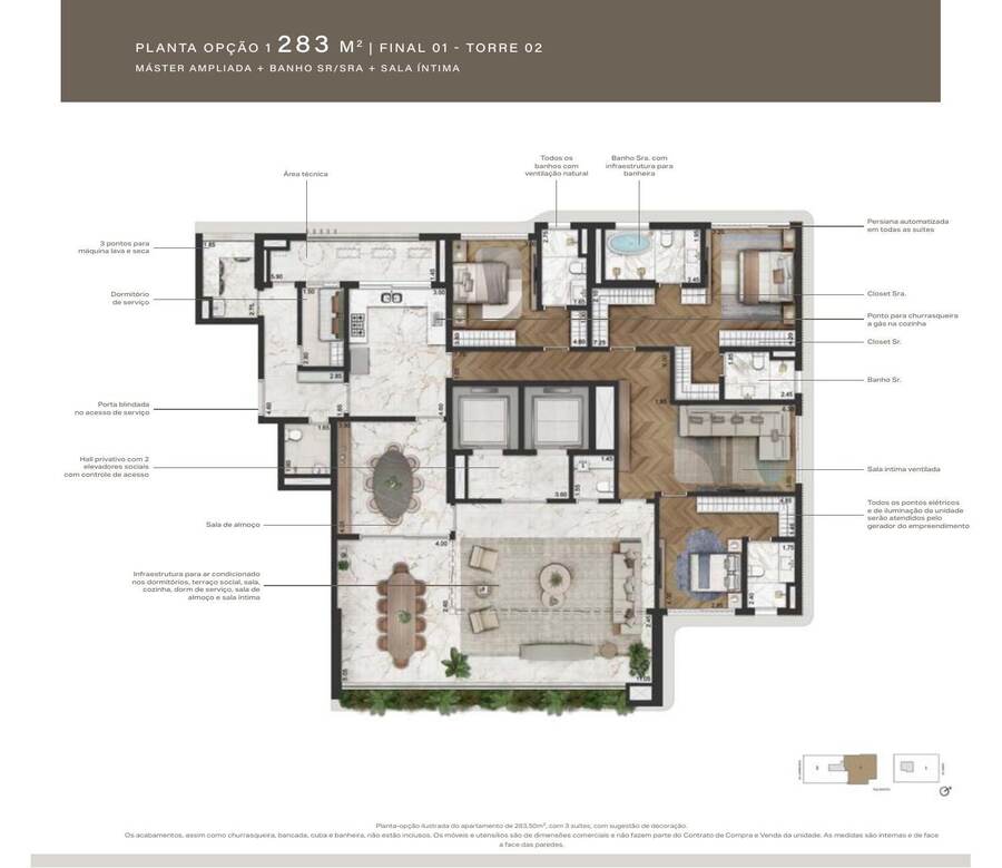 Opção 283 m² · máster ampliada + sala íntima