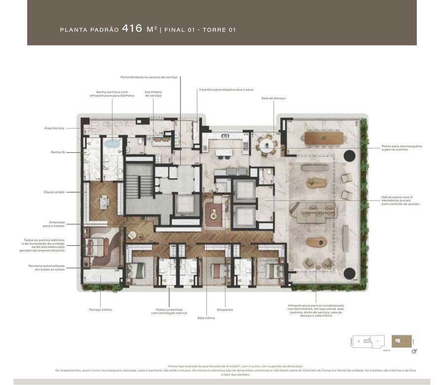 Planta padrão 416 m² · Torre 1, Final 01